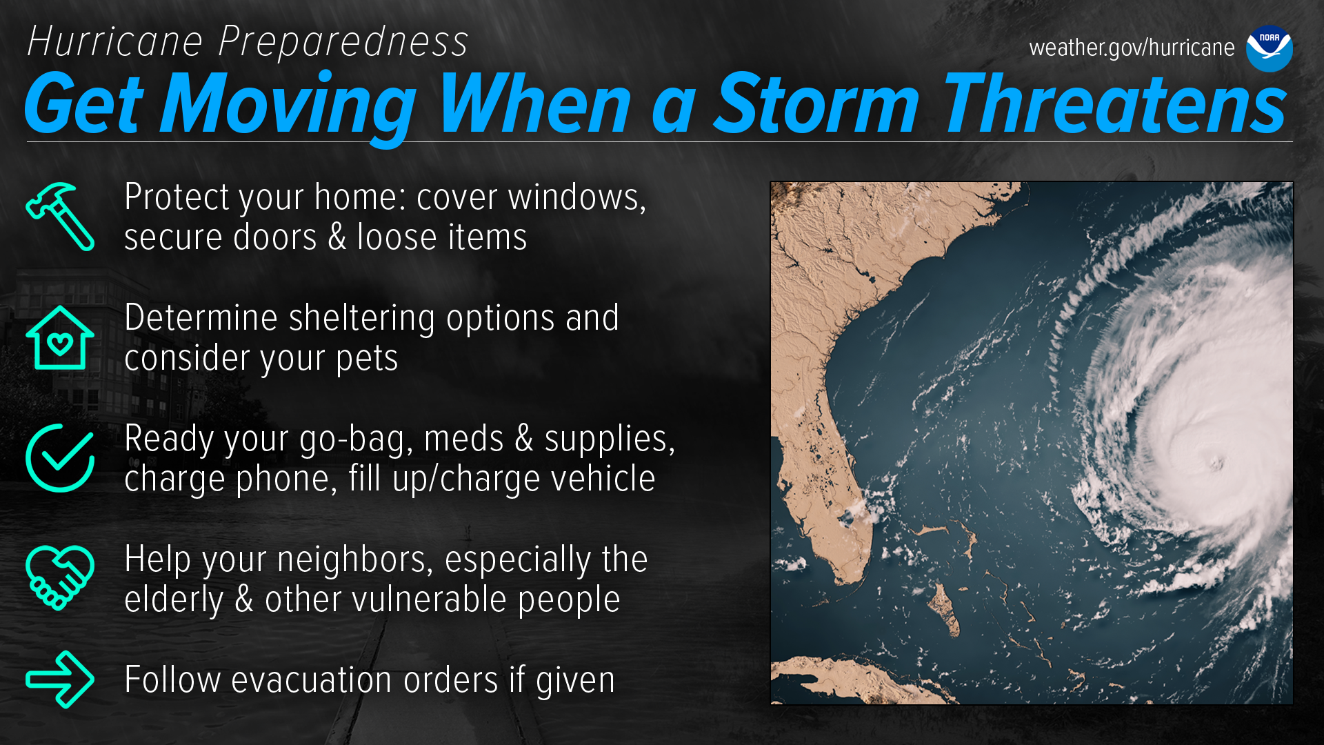 Hurricane Preparedness - Understand Forecast Information. Rely on forecasts from the National Hurricane Center and your local NWS office. Know your alerts & the difference between a Watch and Warning. Focus on potential impacts, regardless of storm size or category. Know that deadly hazards occur well outside of the Forecast Cone.