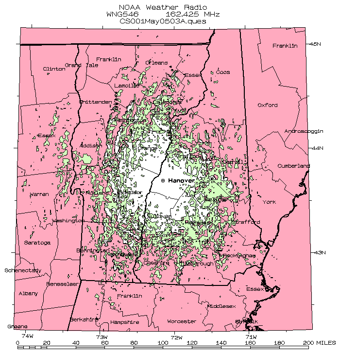 Detailed map of projected signal coverage of radio station WNG546