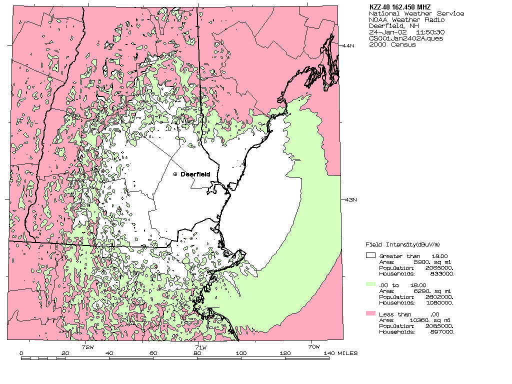 Detailed map of projected signal coverage of radio station KZZ40
