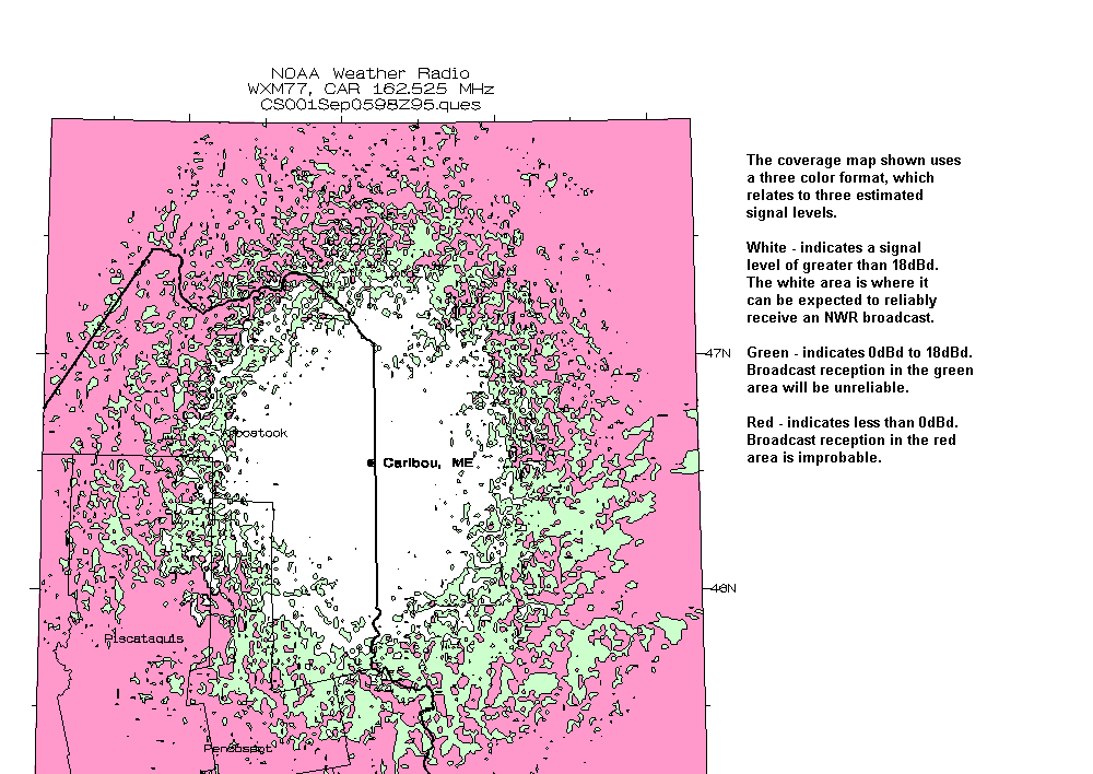 Detailed map of projected signal coverage of radio station WXM77