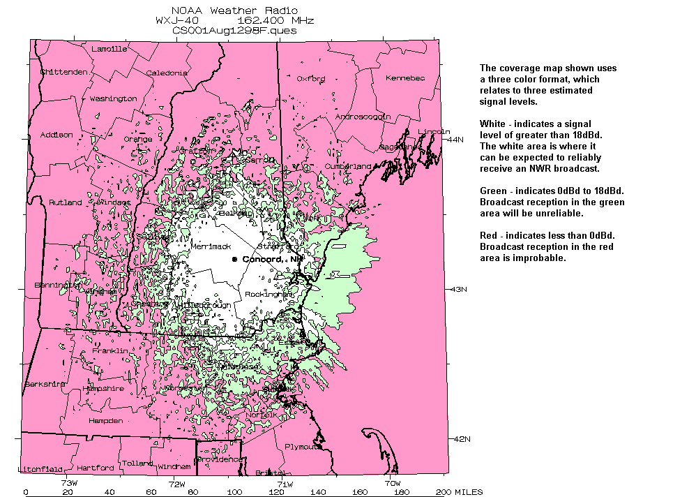 Detailed map of projected signal coverage of radio station WXJ40