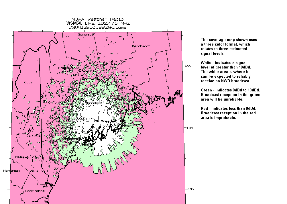 Detailed map of projected signal coverage of radio station WSM60