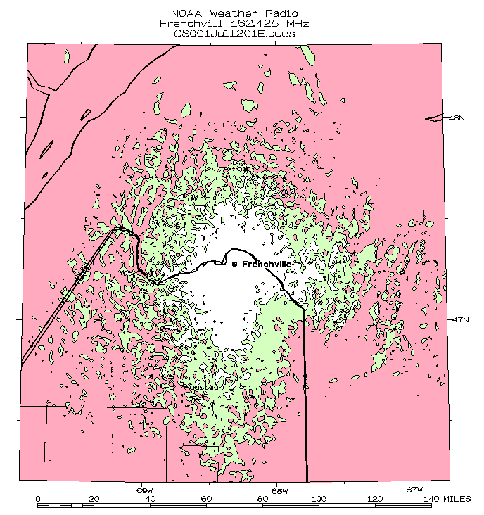 Detailed map of projected signal coverage for radio station 