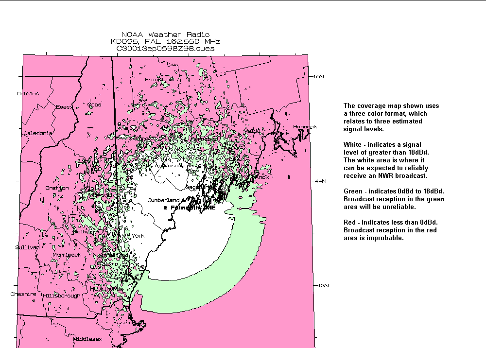 Detailed map of projected signal coverage of radio station KDO95