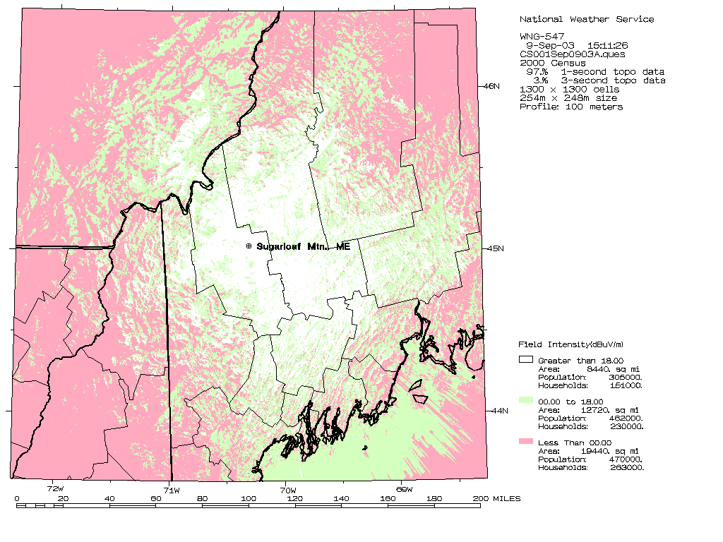 Detailed map of projected signal coverage of radio station WNG547