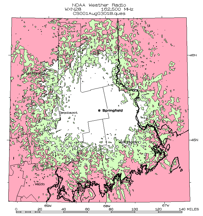 Detailed map of projected signal coverage of radio station WXN28