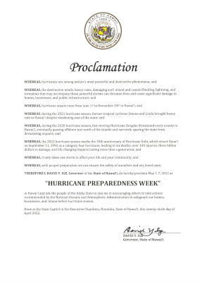 Picture of the Governor's Proclamation for Hurricane Preparedness Week in Hawaii