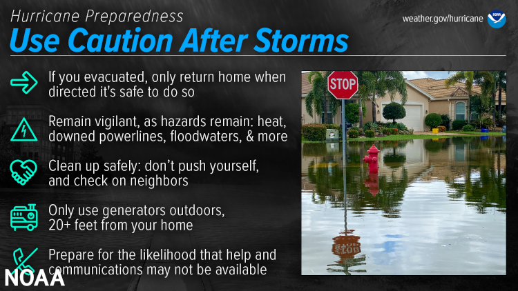 Hurricane Preparedness - Use Caution After Storms. If you evacuated, only return home when directed that its safe to do so. Remain vigilant, as hazards remain: heat, downed power lines, floodwaters, and more. Clean up safely: don't push yourself, and check on neighbors. Only use generators outdoors, 20+ feet from your home. Prepare for the likelihood that help and communications may not be available. (Image credit: NOAA's National Weather Service)
