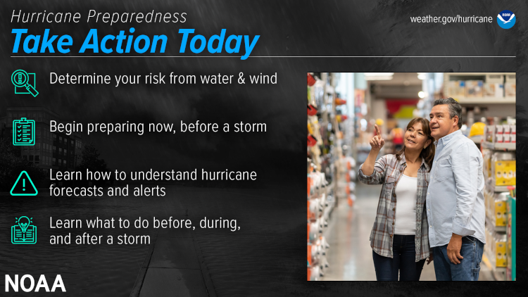 Hurricane Preparedness - Take Action Today. Determine your risk from water and wind. Begin preparing now, before a storm. Learn how to understand hurricane forecasts and alerts. Learn what to do before, during, and after a storm. (Image credit: NOAA's National Weather Service)