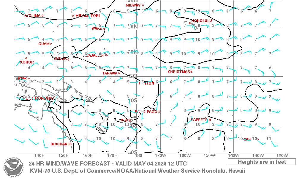 Map of the Central Pacific Ocean with Wine/Wave Forecast for Day +1 (NWS/NOAA)