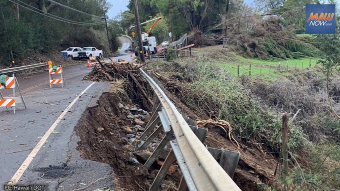 Kekaulike Avenue near Mile Marker 8 in Kula remained closed due to fallen trees and a landslide at approximately 7 AM HST., Monday, Dec. 6 (Hawaii DOT/MauiNOW)