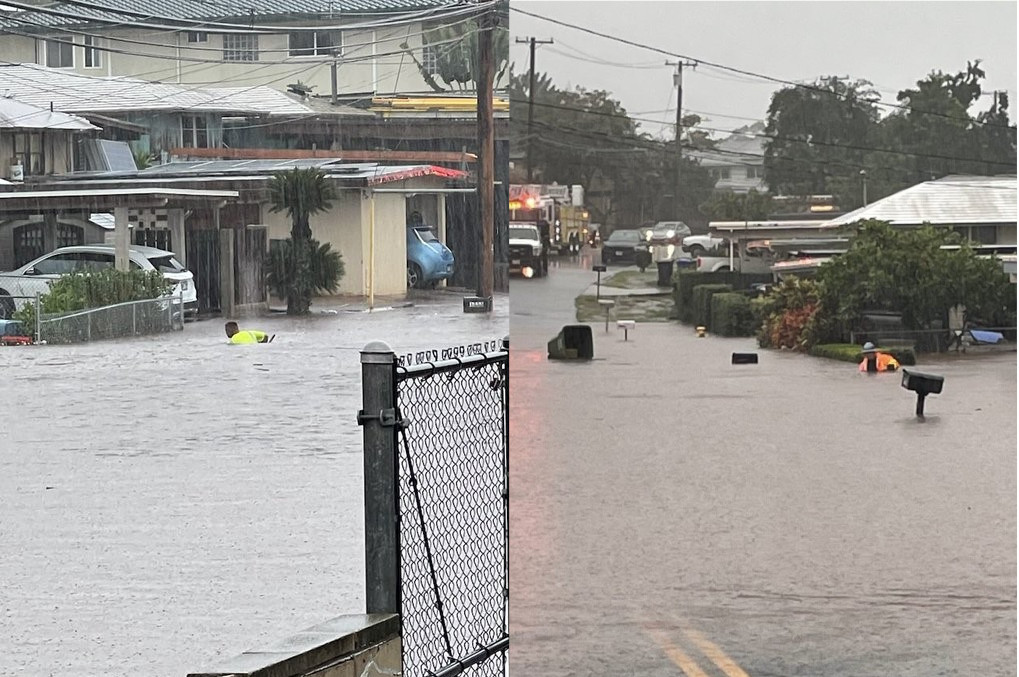 Pearl City Road Maintenance Division helping to clear storm drains in Pearl City, OÊ»ahu, Monday December 6.  (Honolulu Mayor/Honolulu DEM)