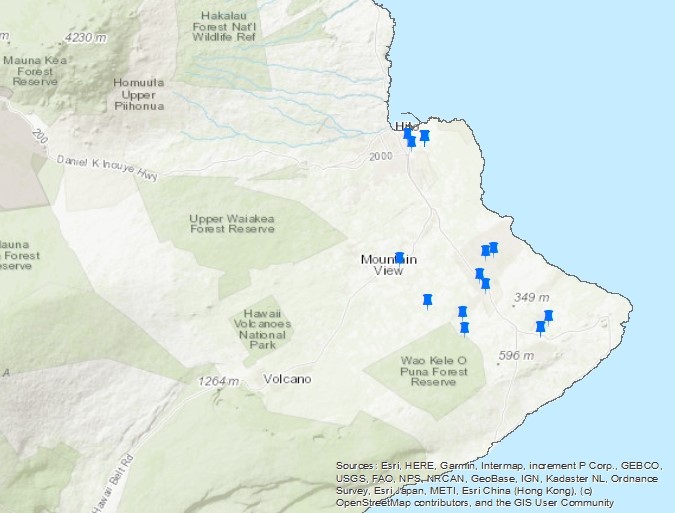 Image showing reported damage as blue pins - Hawaii County