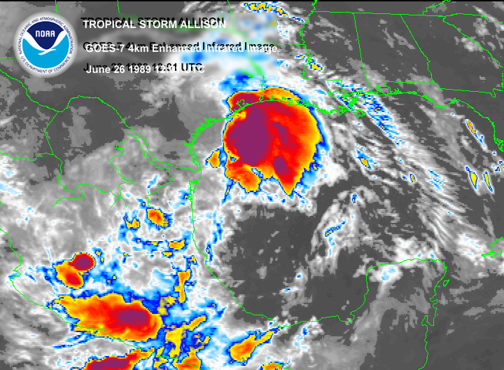 NOAA GOES-7 satellite image of Allison taken at 7:01 AM CDT on June 26, 1989.