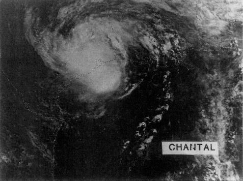 NOAA GOES visible satellite image of Chantal taken at 10:31 AM CDT on August 1, 1989 shortly after landfall on the upper Texas coast.