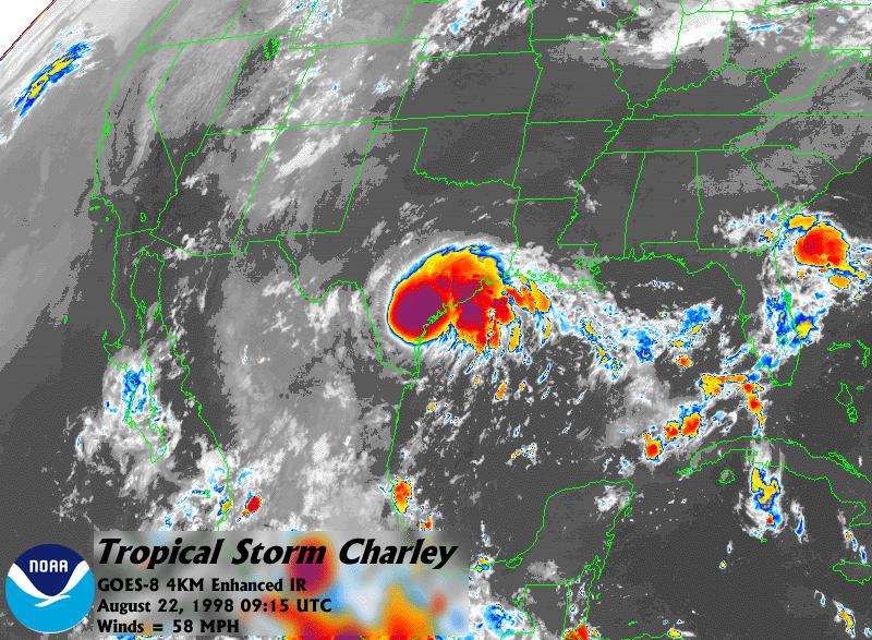 NOAA satellite image of Charley taken at 4:15 AM CDT on August 22, 1998.