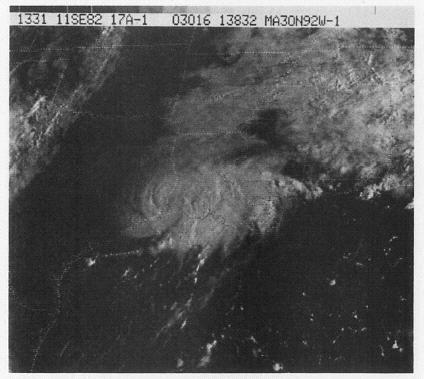 NOAA GOES visible satellite image of Chris taken at approximately 8:31 AM CDT on September 11, 1982 after moving inland along the TX/LA coast.