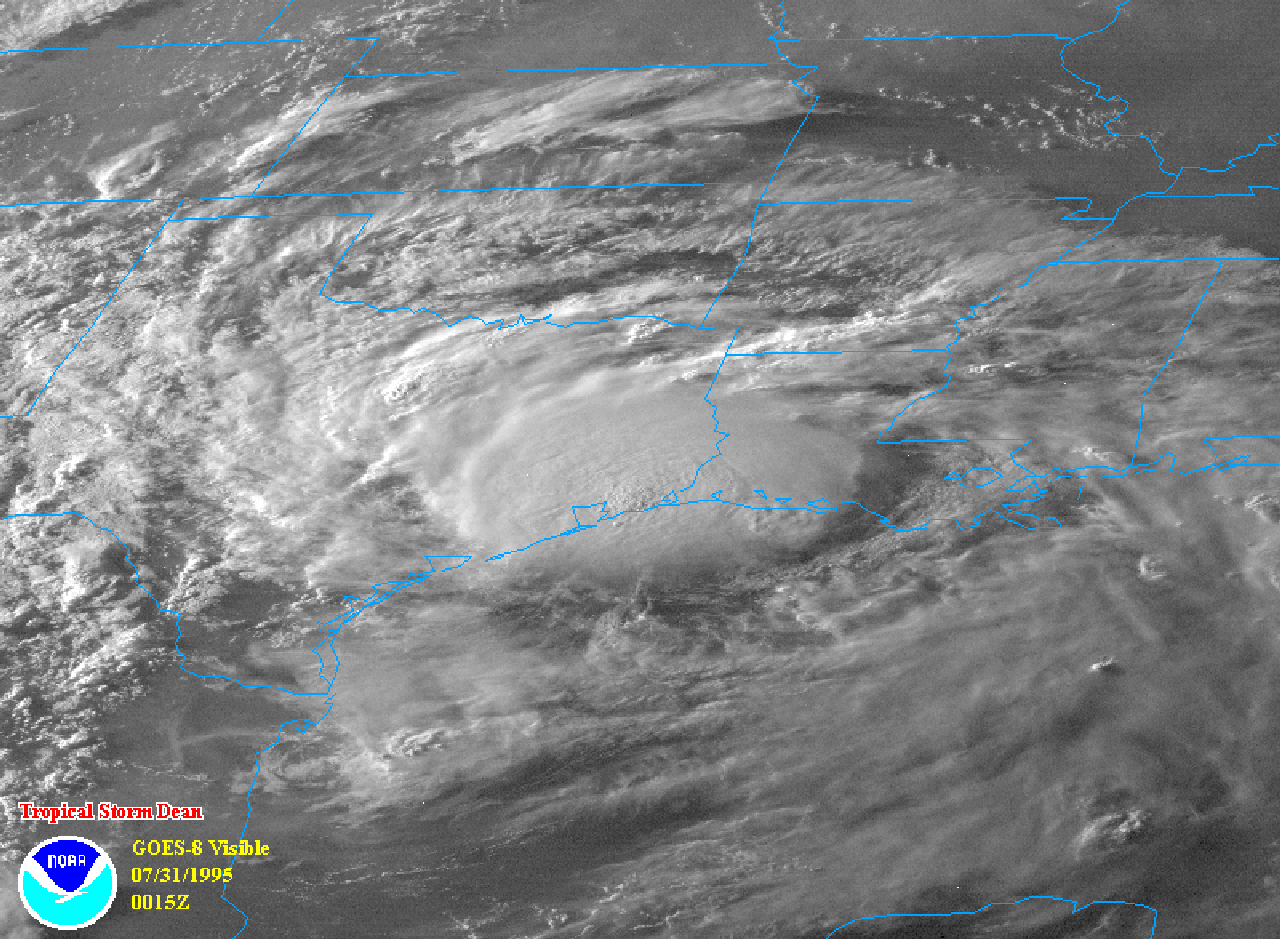 NOAA satellite image of Tropical Storm Dean taken at 7:15 PM CDT on July 30, 1995.