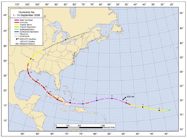 NOAA map of Ike's track