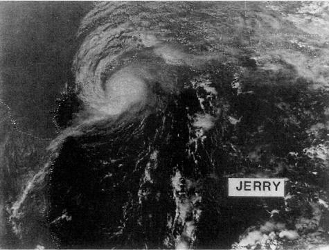 NOAA GOES visible satellite image of Jerry taken at 2:31 PM CDT on October 15, 1989 approaching the upper Texas coast.