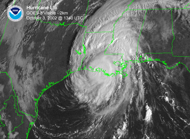 NOAA satellite image of Hurricane Lili taken at 8:40 AM CDT on October 3, 2002.