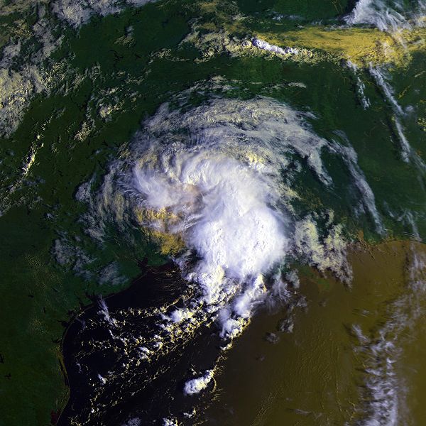 NOAA GOES visible satellite image of Unnamed Tropical Storm taken at approximately 9:22 AM CDT on August 10, 1987 inland along the TX/LA broder.