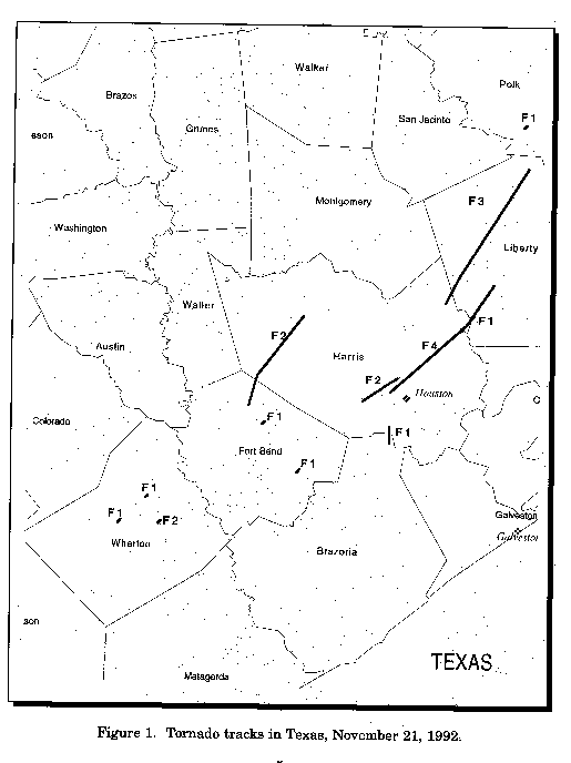 Tornado tracks in Texas, November 21, 1992.