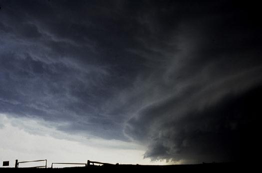 Severe thunderstorm wall cloud from a distance.