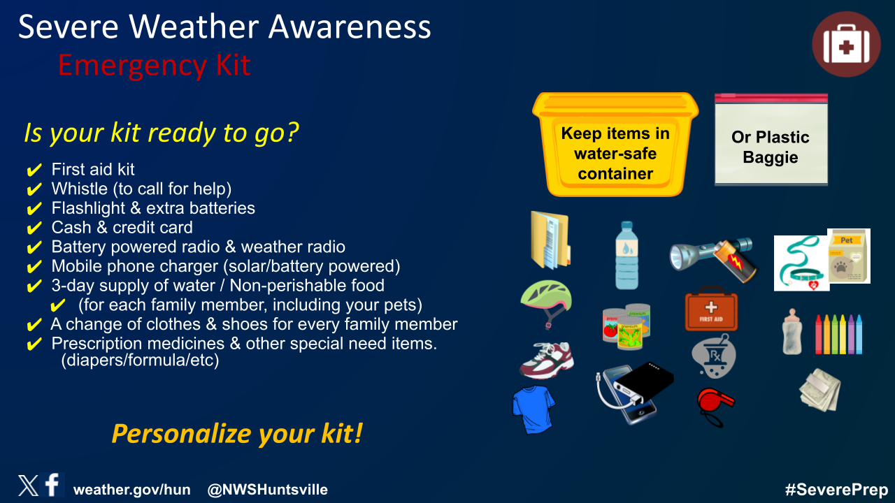 Severe weather awareness graphic describing what to include in your emergency kit.  Make sure you include a first aid kit, a whistle to call for help, a flashlight and extra batteries, cash and a credit card, a battery powered radio or weather radio, a mobile phone charger ideally solar or battery powered, a three-day supply of water and non-perishable food for each family member including your pets, a change of clothes and shoes for each family member, and prescription medications and other special need items such as diapers, formula, etc. Make sure your emergency kit is ready to go!
