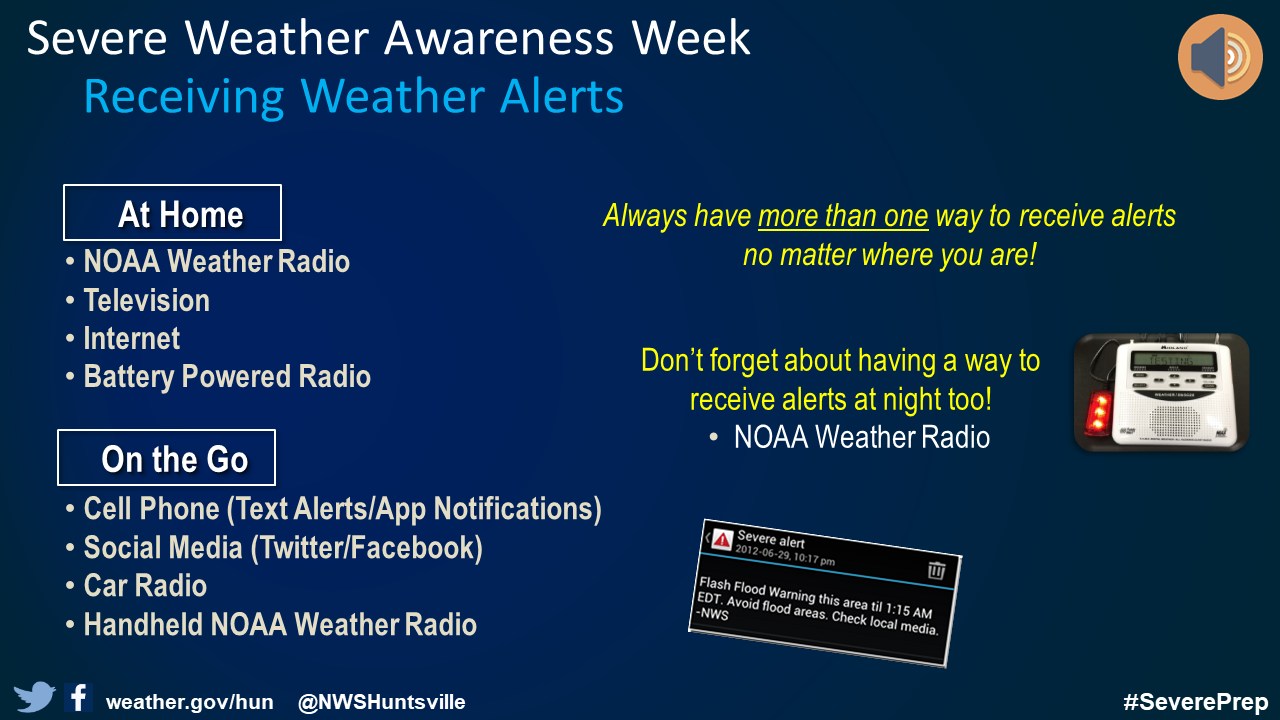 This graphic talks about having multiple ways to receive weather alerts already in place before severe weather occurs. It stresses having multiple way to do this including: NOAA Weather Radios, television, internet, and other battery powered radios.