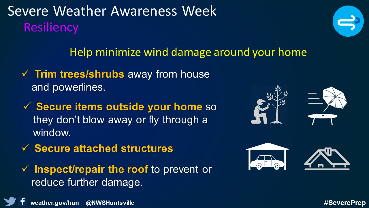 This image talks more about severe weather resiliency. It talks about tips to help minimize wind damage around your home prior to severe weather.