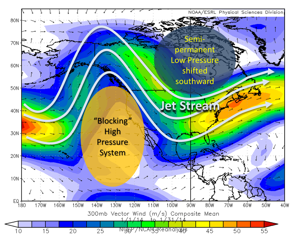 Upper-Level Wind Vectors (300 mb) for January 2014