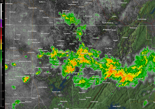 A loop of the HTX Doppler radar between approximately 6 to 10 am CDT. The image is centered over Jackson County, AL. 