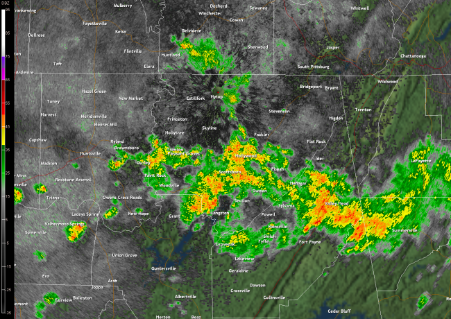 A loop of the HTX Doppler radar between approximately 6 to 10 am CDT. The image is centered over Jackson County, AL.