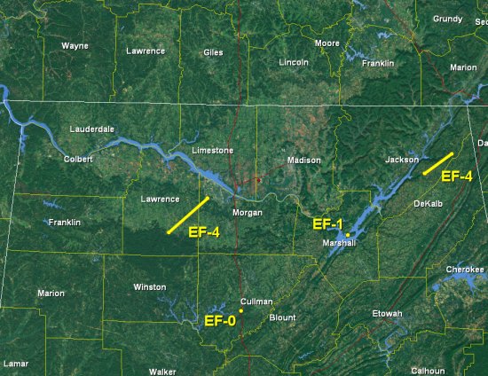Tornado Tracks across the Huntsville, AL County Warning Area