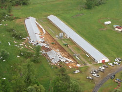 These chicken houses in northeastern Cullman County were destroyed by the tornado. The one on the left was blown apart. Though the one on the right may appear to be in tact, it was actually found to be structurally unsound. Image courtesy Cullman County EMA.