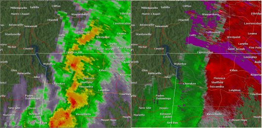 This National Weather Service radar from noon showed strong rotation northwest of Florence near Central Heights. The base reflectivity product in the left panel shows rainfall intensity. The storm relative velocity product in the right panel shows winds toward (in green) and away (in red) from the radar at Columbus Air Force Base, MS.