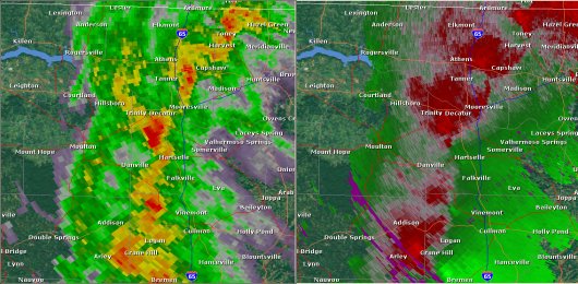 This National Weather Service radar from noon showed strong rotation northwest of Florence near Central Heights. The base reflectivity product in the left panel shows rainfall intensity. The storm relative velocity product in the right panel shows winds toward (in green) and away (in red) from the radar at Columbus Air Force Base, MS.