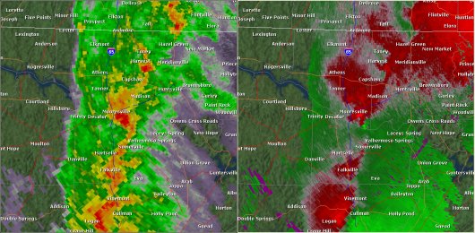 This National Weather Service radar from 2:31pm showed strong rotation just southeast of Mooresville in Southeastern Limestone County. The base reflectivity product in the left panel shows rainfall intensity. The storm relative velocity product in the right panel shows winds toward (in green) and away (in red) from the radar in Hytop, AL.