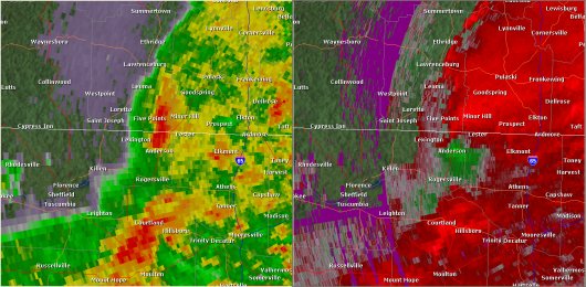 This National Weather Service radar image from 11:14pm shows a mesocyclone, which was producing a tornado at the time, moving over the Rhodesville area. Another mesocyclone can be seen just west of Tuscumbia. Though no tornado damage was found in association with this feature, a funnel cloud was reported over Tuscumbia. The base reflectivity product in the left panel shows rainfall intensity. The storm relative velocity product in the right panel shows winds toward (in green) and away (in red) from the radar at Columbus AFB, MS.