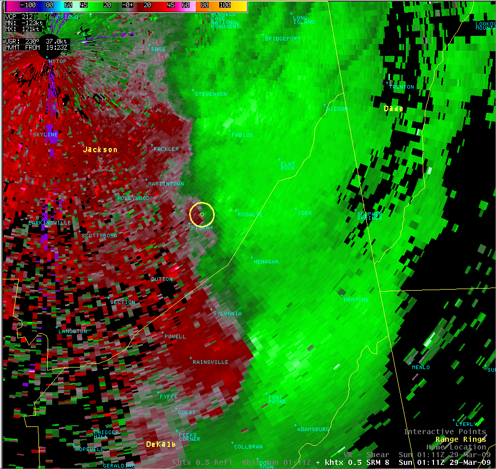 Hytop, AL Storm-Relative Velocity from 8:11 PM CDT