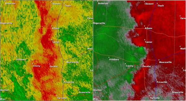 This National Weather Service radar image from 4:35pm shows an area of circulation south and southwest of Tanner. The base reflectivity product in the left panel shows rainfall intensity. The storm relative velocity product in the right panel shows winds toward (in green) and away (in red) from the radar at Hytop, AL.