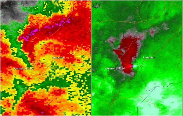 This National Weather Service radar image from 3:48pm shows a broad area of circulation south of Leighton near the Whiteoak community. This tornado was likely the result of a non-descending mesocyclone. This means the circulation developed closer to the ground than most storms. Because the Columbus AFB radar is nearly 70 miles away, the stronger circulation occurred below the radar beam. This is a perfect example of why storm spotters are an integral part of National Weather Service warning operations. The base reflectivity product in the left panel shows rainfall intensity. The storm relative velocity product in the right panel shows winds toward (in green) and away (in red) from the radar near Columbus AFB, MS.