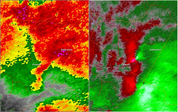 This National Weather Service radar image from 3:48pm shows a broad area of circulation south of Leighton near the Whiteoak community. This tornado was likely the result of a non-descending mesocyclone. This means the circulation developed closer to the ground than most storms. Because the Columbus AFB radar is nearly 70 miles away, the stronger circulation occurred below the radar beam. This is a perfect example of why storm spotters are an integral part of National Weather Service warning operations. The base reflectivity product in the left panel shows rainfall intensity. The storm relative velocity product in the right panel shows winds toward (in green) and away (in red) from the radar near Columbus AFB, MS.