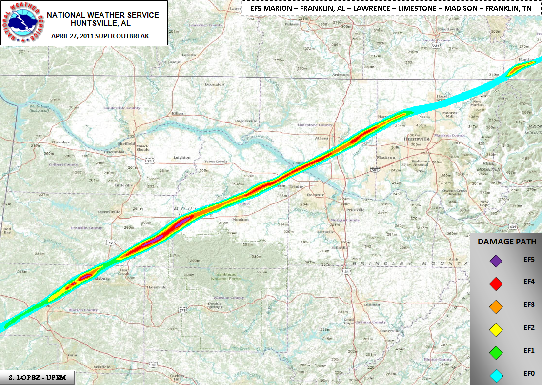 EF5 Tornado Track: Franklin(AL) to Franklin(TN)1111 x 789