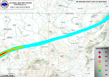 Tornado track across Madison County.  Click for a larger image.