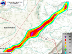 Southern Portion of Tornado Track across Dekalb County, contoured by damage indicators from survey photographs(created by Suheiley Lopez). Click for a larger image.