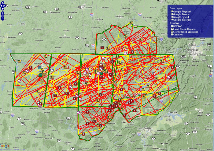 Warning polygons issued by the National Weather Service in the Huntsville County Warning Forecast Area on April 27th 2011