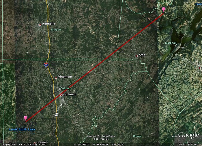 Complete Tornado Track across Culman, Morgan, and Marshall Counties in Google Earth.