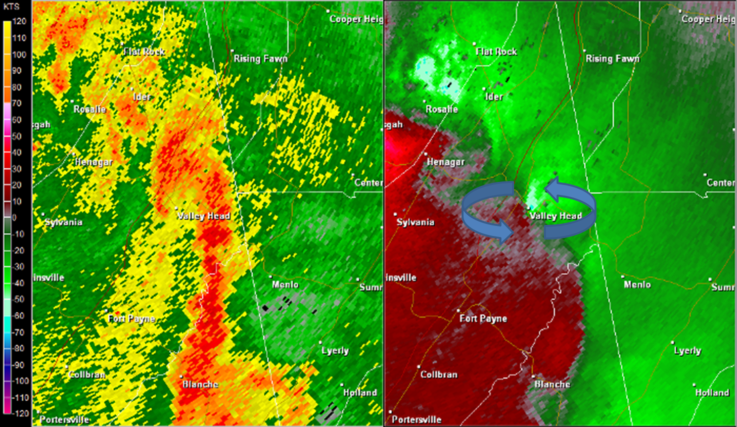 Hytop, AL Radar (HTX) radar loop of the EF-1 tornado track.  The imagery on the left is reflectivity, while the imagery on the right is storm-relative velocity.  Click on the image to loop. 